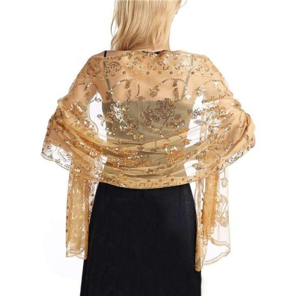 Gold Sequin Glitter Lace Bridal Shawls Wraps Scarves Formal Evening Dress Scarf